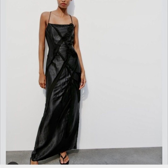 Zara NWT black satin & mesh floral appliqué slip maxi dress with spaghetti strap - Picture 10 of 12